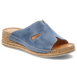 Niebieskie Klapki Wasak Stylowe Skórzane Obuwie Damskie. Niebieskie klapki Wasak, bez wzorów, z jeansu, bez obcasa, na koturnie. Za 259.00 zł.
