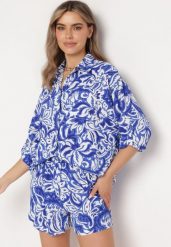 Granatowy Dwuczęściowy Komplet Koszula z Regulowanym Rękawem Szorty z Gumką w Pasie Bellagrace. Niebieskie koszule Born2be, l, bez wzorów, z materiału, klasyczne, bez kołnierzyka, bez ramiączek. Za 99.99 zł.