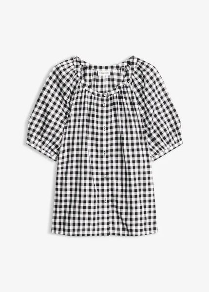 Bluzka z czystej bawełny. Czarne bluzki bonprix, bez wzorów, z bawełny, bez kołnierzyka, bez ramiączek. Za 54.99 zł.