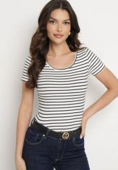 Biało-Granatowa Koszulka T-shirt z Bawełny z Krótkim Rękawem w Paski Ernlea. Białe bluzki Born2be, l, bez wzorów, z bawełny, bez kołnierzyka, bez ramiączek. Za 59.99 zł.