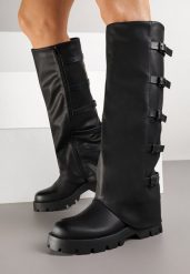 Czarne Kozaki w Typie Biker Ozdobione Klamrami Latenea. Czarne kozaki Born2be, z jeansu, bez obcasa, na obcasie, bez zapięcia. Za 179.99 zł.