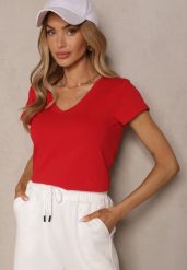 Czerwony Bawełniany T-shirt z Trójkątnym Dekoltem Linalitia. Czerwone t-shirty Renee, xl, bez wzorów, z bawełny, bez kołnierzyka, bez ramiączek. Za 44.99 zł.
