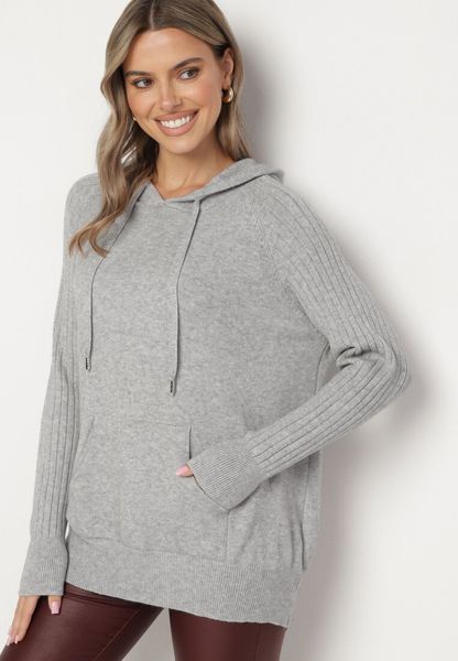 Szary Sweter z Kapturem i Kieszenią z Domieszką Kaszmiru Neriele. Szare swetry Born2be, z aplikacjami, z jeansu, bez ramiączek. Za 129.99 zł.