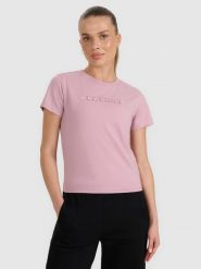 4F T-shirt slim z nadrukiem damski - różowy XL. Czerwone koszulki sportowe 4f, bez wzorów, z bawełny, bez ramiączek. Za 59.99 zł.