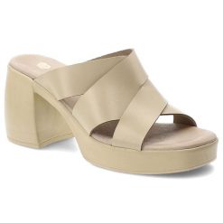 Klapki damskie Armodo, cholewka ze skóry naturalnej licowej z szerokimi krzyżującymi się paskami na wysokim obcasie, beżowe, 40524. Brązowe klapki Armodo, bez wzorów, ze skóry, bez obcasa, na obcasie. Za 289.00 zł.