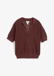 T-shirt ażurowy polo z domieszką lnu. Brązowe koszulki polo bonprix, w ażurowe wzory, bez kołnierzyka, bez ramiączek. Za 59.99 zł.