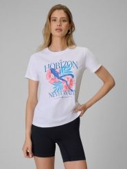 4F T-shirt regular z nadrukiem damski - biały XS. Białe t-shirty 4f, xs, bez wzorów, z bawełny, bez kołnierzyka, bez ramiączek. Za 59.99 zł.