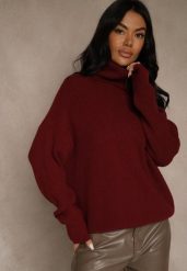 Bordowy Golf z Domieszką Wiskozy i Kaszmiru Azivara. Czerwone golfy Renee, l, z aplikacjami, z jeansu, bez ramiączek. Za 129.99 zł.