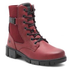 Botki Mustang. Czerwone botki Mustang, bez wzorów, bez obcasa, na płaskiej podeszwie, bez zapięcia. Za 258.99 zł.