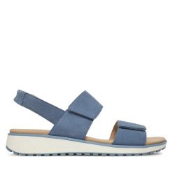 Sandały Caprice. Niebieskie sandały Caprice, bez wzorów, bez obcasa, na koturnie, bez zapięcia. Za 249.99 zł.