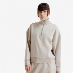 Bluza oversize ze stójką na suwak damska Elementals. Brązowe bluzy DECATHLON, l, bez wzorów, z bawełny, bez kaptura. Za 179.99 zł.