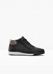 Ocieplane sneakersy za kostkę z zamkiem błyskawicznym. Czarne obuwie sportowe bonprix, na zimę, z materiału, za kostkę, bez zapięcia. Za 124.99 zł.