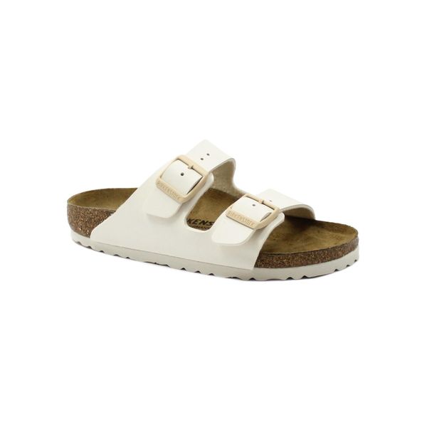 Klapki damskie Birkenstock Arizona. Białe klapki Birkenstock, bez wzorów, z materiału, bez obcasa. Za 296.10 zł.