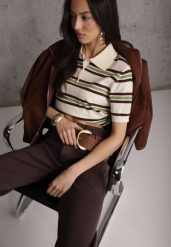 Zielono-Kremowy T-shirt Polo z Wiskozą w Paski z Guzikami Vevevia. Zielone koszulki polo Renee, bez wzorów, z jeansu, bez ramiączek. Za 109.99 zł.