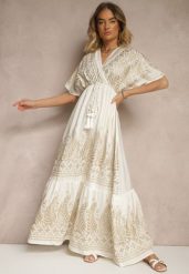 Biała Wiskozowa Sukienka Boho o Kopertowym Kroju z Metalicznym Haftem Redeselle. Białe sukienki Renee, na co dzień, m, z aplikacjami, z wiskozy, boho, bez kołnierzyka, bez ramiączek, maxi, kopertowe. Za 89.99 zł.