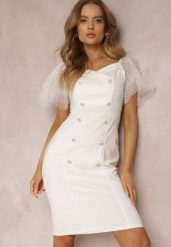 Biała Sukienka Trypheira. Białe sukienki Renee, m, bez wzorów, z bawełny, eleganckie, bez kołnierzyka, bez ramiączek, midi, dopasowane. Za 49.99 zł.