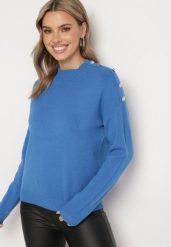 Niebieski Sweter Półgolf z Modalem Wiskozą i Guzikami Emmiala. Niebieskie swetry Born2be, l, bez wzorów, z jeansu, bez ramiączek. Za 74.99 zł.