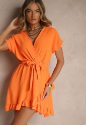 Pomarańczowa Sukienka o Rozkloszowanym Kroju z Paskiem i Falbanami Addea. Brązowe sukienki Renee, bez wzorów, eleganckie, bez kołnierzyka, bez ramiączek, mini, rozkloszowane. Za 59.99 zł.