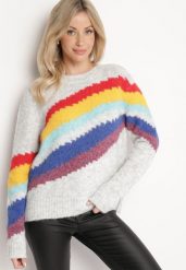 Jasnoszary Sweter z Poprzecznymi Paskami Rentina. Szare swetry Born2be, uniwersalny, bez wzorów, z jeansu, bez ramiączek. Za 139.99 zł.
