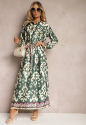 Zielona Pudełkowa Sukienka Satynowa z Paskiem w Talii w Ornamentalny Print Tarosa. Zielone sukienki Renee, l, bez wzorów, z materiału, bez kołnierzyka, bez ramiączek, maxi. Za 119.99 zł.