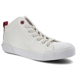 Trampki damskie Cross Jeans, wysokiej jakości materiał syntetyczny z gładką podwyższoną cholewką klasycznym sznurowaniem oraz stabilną grubszą podesz. Białe trampki Cross Jeans, bez wzorów, z gumy, bez zapięcia. Za 99.99 zł.