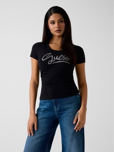 Guess T-Shirt W6RI24 J1314 Czarny Regular Fit. Czarne t-shirty Guess, m, z aplikacjami, z bawełny, bez kołnierzyka, bez ramiączek. Za 159.99 zł.