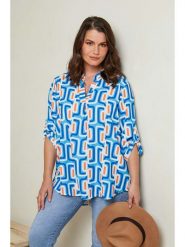 Curvy Lady Bluzka w kolorze niebiesko-białym rozmiar: 44/46. Niebieskie bluzki Curvy Lady, bez wzorów, klasyczne, bez kołnierzyka, bez ramiączek. Za 99.45 zł.