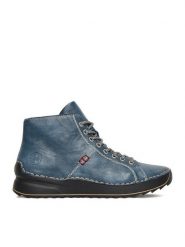 Rieker Botki 71510-14 Niebieski. Niebieskie botki Rieker, bez wzorów, z materiału, bez obcasa, na płaskiej podeszwie, bez zapięcia. Za 349.99 zł.