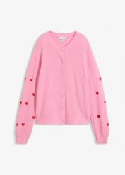Sweter rozpinany z haftem w serca. Czerwone kardigany bonprix, bez wzorów. Za 149.99 zł.