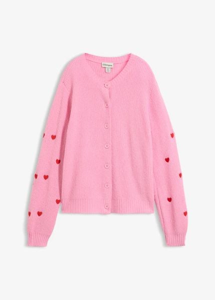 Sweter rozpinany z haftem w serca. Czerwone kardigany bonprix, bez wzorów. Za 149.99 zł.