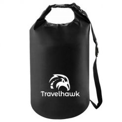 Drybag – wodoodporna torba na zewnątrz i w podróży – 20 litrów. Czarne torby na laptopa TRAVELHAWK, bez wzorów, z materiału, na ramię, małe. Za 15.95 zł.