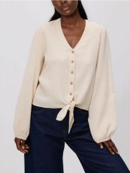 Muślinowa koszula z wiązaniem - beżowy. Brązowe koszule Reserved, l, bez wzorów, bez kołnierzyka, bez ramiączek. Za 89.99 zł.