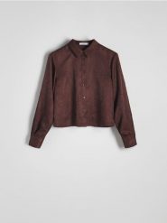 Koszula ze strukturalnym wzorem - brązowy. Brązowe koszule Reserved, l, bez wzorów, z tkaniny, bez kołnierzyka, bez ramiączek. W wyprzedaży za 39.99 zł.