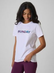 4F T-shirt regular z nadrukiem damski - biały S. Białe t-shirty 4f, s, bez wzorów, z bawełny, bez kołnierzyka, bez ramiączek. Za 59.99 zł.