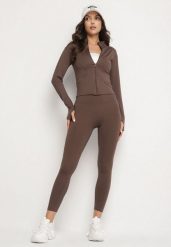 Brązowy Komplet Sportowy Bluza z Wycięciem na Kciuk i Legginsy Redinelle. Brązowe bluzy Born2be, m, bez wzorów, bez kaptura. Za 139.99 zł.