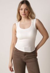 Biały Dopasowany Top Bez Rękawów z Wiskozy z Kwadratowym Dekoltem Madu. Białe topy Born2be, m, bez wzorów, z jeansu, bez kołnierzyka, bez ramiączek. Za 59.99 zł.
