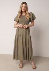 Ciemnozielona Wiskozowa Sukienka z Bufiastymi Rękawami i Marszczoną Górą Liones. Zielone sukienki Born2be, na co dzień, na lato, uniwersalny, bez wzorów, z jeansu, wakacyjne, bez kołnierzyka, bez ramiączek, maxi, proste. Za 89.99 zł.