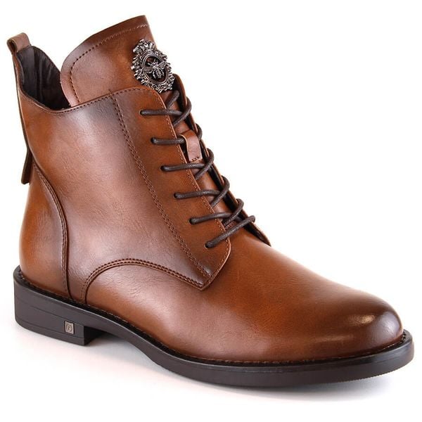 Botki damskie sznurowane i na zamek brązowe Potocki SZ12179. Brązowe botki POTOCKI, bez wzorów, ze skóry ekologicznej, bez obcasa, bez zapięcia. Za 189.99 zł.