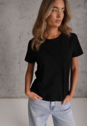 Czarny Bawełniany T-shirt o Klasycznym Kroju z Ozdobnymi Przeszyciami w Romby Luara. Czarne t-shirty Renee, l, bez wzorów, z bawełny, bez kołnierzyka, bez ramiączek. Za 59.99 zł.