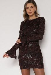 Brązowa Cekinowa Sukienka z Kwiatami 3D Naweda. Brązowe sukienki Born2be, do pracy, l, bez wzorów, z jeansu, biznesowe, bez kołnierzyka, bez ramiączek. Za 219.99 zł.