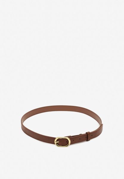 Brązowy Pasek Ozdobiony Zaokrągloną Klamrą Vozera. Brązowe paski Renee, bez wzorów, z jeansu, eleganckie. Za 19.99 zł.