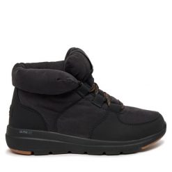 Trzewiki Skechers. Czarne botki Skechers, bez wzorów, bez obcasa, na płaskiej podeszwie, bez zapięcia. Za 309.99 zł.