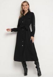 Czarna Koszulowa Sukienka z Podpinanymi Rękawami i Dodatkowym Wiązanym Paskiem Ivandria. Czarne sukienki Born2be, na co dzień, l, bez wzorów, klasyczne, bez kołnierzyka, bez ramiączek, koszulowe. Za 54.99 zł.