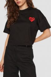 KARL LAGERFELD Czarny damski top Hearts Cropped. Czarne topy KARL LAGERFELD, xs, bez wzorów, z materiału, bez kołnierzyka, bez ramiączek. W wyprzedaży za 279.99 zł.
