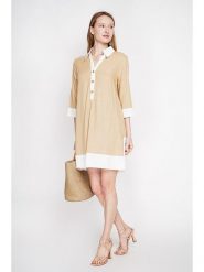 Le Jardin du Lin Lniana sukienka w kolorze beżowo-białym rozmiar: 34. Białe sukienki Le jardin du lin, na co dzień, bez wzorów, ze lnu, bez kołnierzyka, bez ramiączek, mini, proste. Za 108.99 zł.