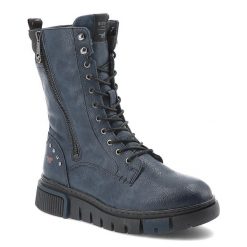 Granatowe Botki Mustang Wygodne Obuwie Damskie. Niebieskie botki Mustang, z aplikacjami, ze skóry ekologicznej, przed kolano, bez obcasa, bez zapięcia. Za 331.99 zł.