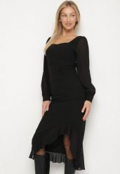Czarna Taliowana Sukienka VICES z Falbankami i Bufiastymi Rękawami Aruvita. Czarne sukienki Born2be, na imprezę, l, bez wzorów, klasyczne, bez kołnierzyka, bez ramiączek, midi, oversize. Za 139.99 zł.