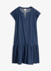 Jeansowa sukienka tunikowa z bawełny. Niebieskie sukienki bonprix, bez wzorów, z bawełny, bez kołnierzyka, bez ramiączek. Za 139.99 zł.