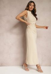 Beżowa Sukienka Bodycon o Dopasowanym Fasonie Bez Rękawów z Drapowaniem Roxelina. Brązowe sukienki Renee, m, bez wzorów, bez kołnierzyka, bez ramiączek, maxi, bodycon. Za 109.99 zł.