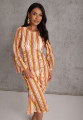 Pomarańczowa Sukienka Dopasowana w Stylu Boho z Plecionego Materiału w Paski Nasehle. Brązowe sukienki Renee, na plażę, bez wzorów, z materiału, boho, bez kołnierzyka, bez ramiączek, maxi, dopasowane. Za 149.99 zł.